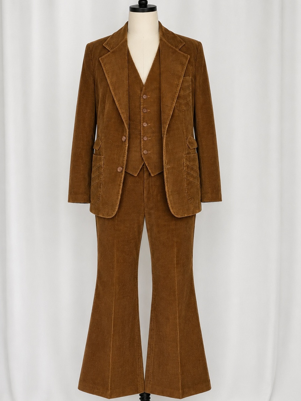 Vintage 70s Brown Corduroy 3 Piece Suit Set Bell Bottom Western Disco 40R 33